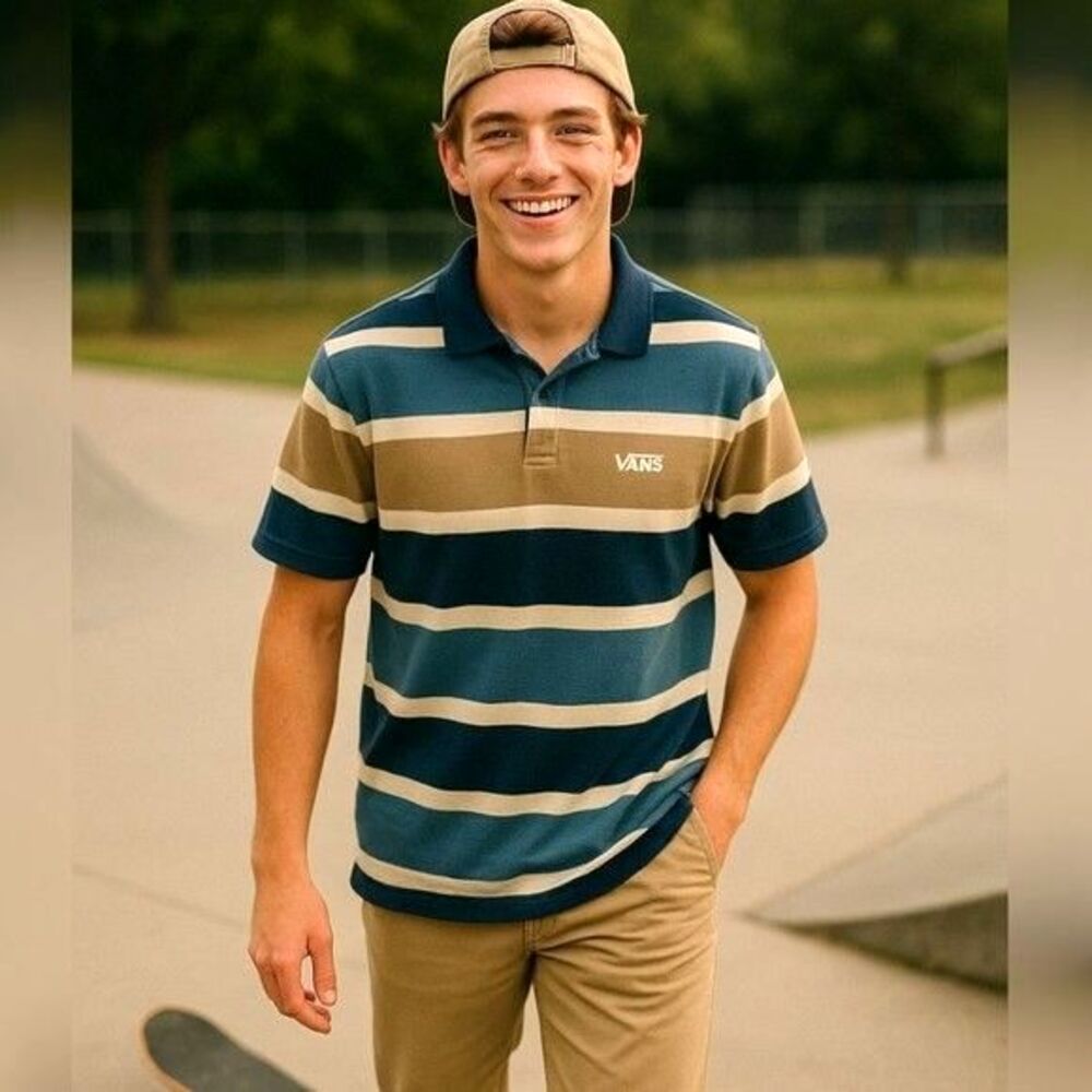 Vans Halicrest Polo Shirt Large Blue Tan Stripe Cotton Skate Wear Prep Casual